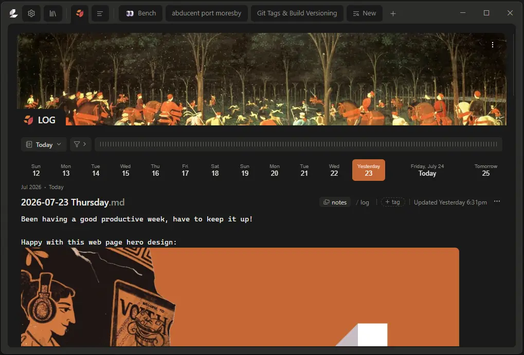 The Limestone notes app open on a daily log note, with a calendar strip and a header banner
