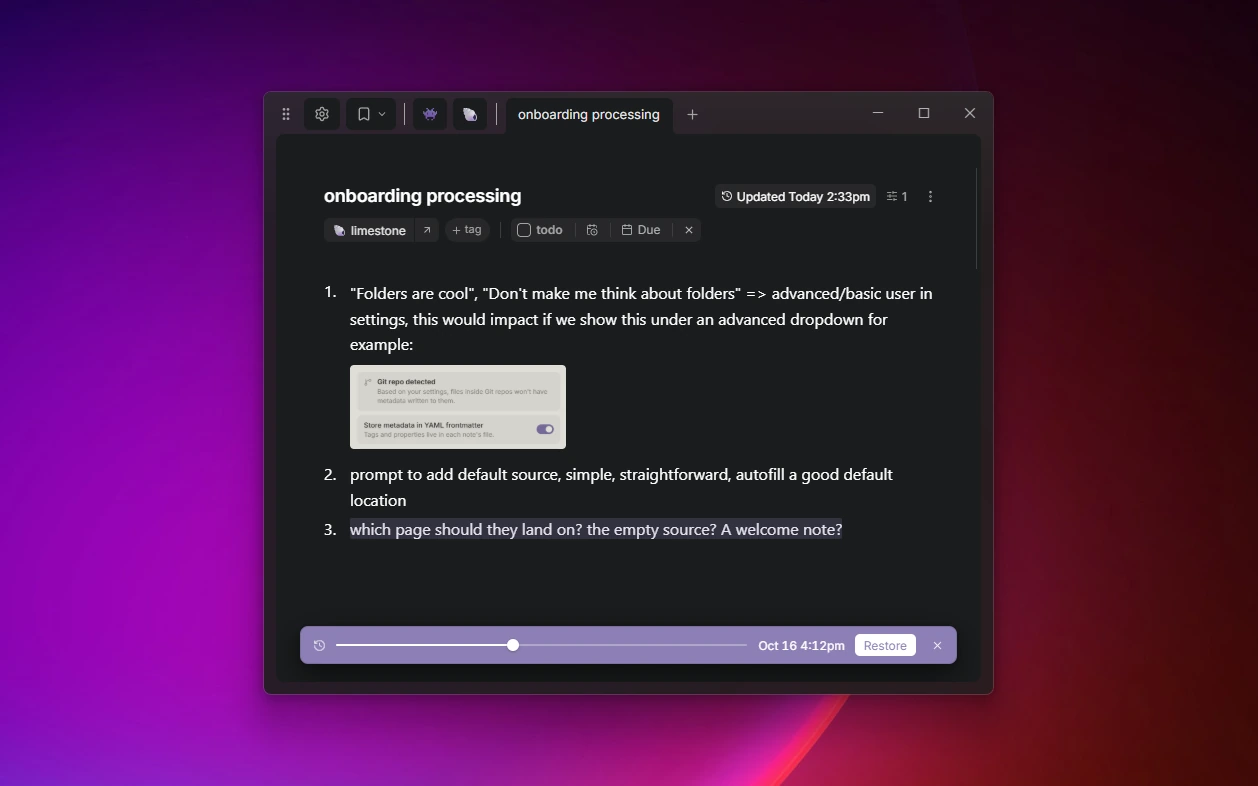 The same document and history slider in dark mode