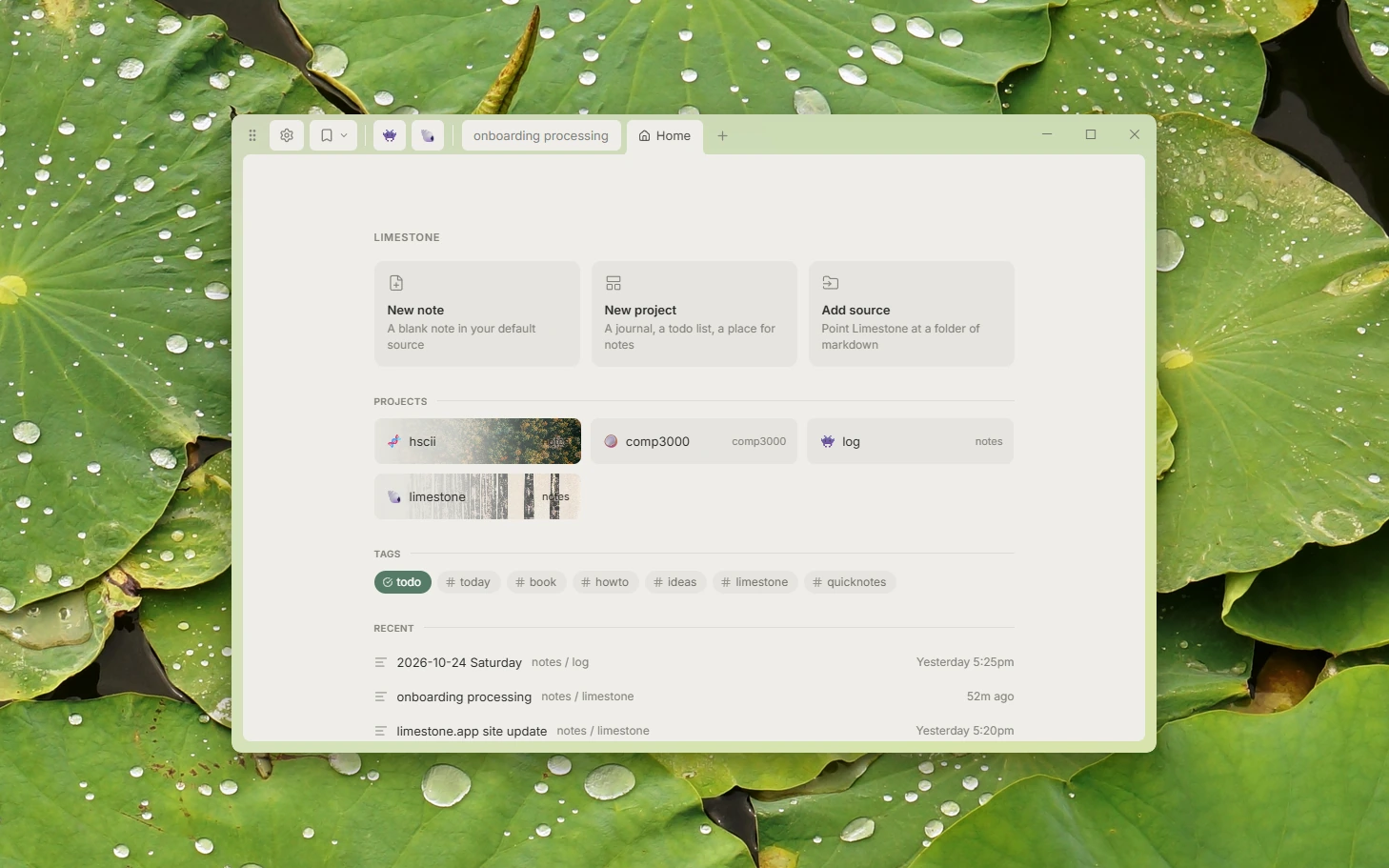 The home screen: new note, new project and add source, with recent projects and tags